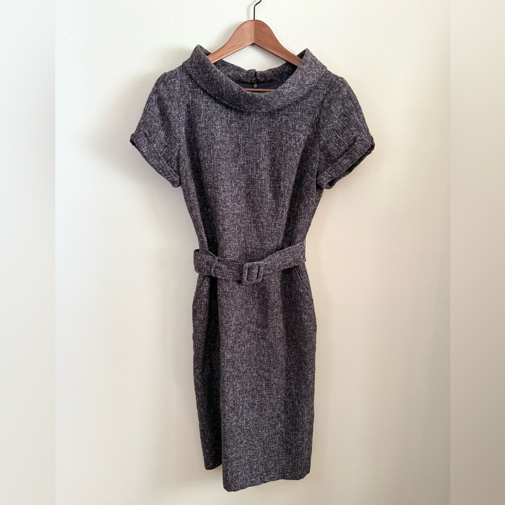 Banana Republic Charcoal Tweed Midi Dress with Belted Waist